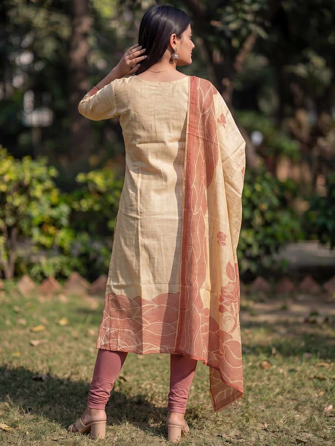 Beige Jamdani Cotton Straight Fit Festive Kurta And Dupatta