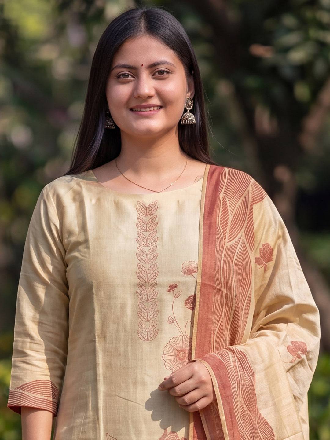 Beige Jamdani Cotton Straight Fit Festive Kurta And Dupatta