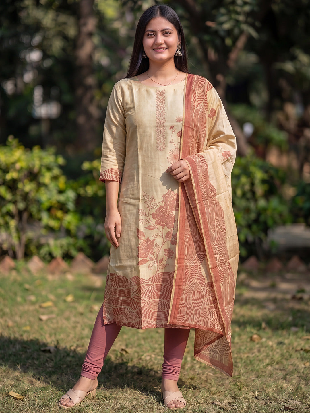 Beige Jamdani Cotton Straight Fit Festive Kurta And Dupatta