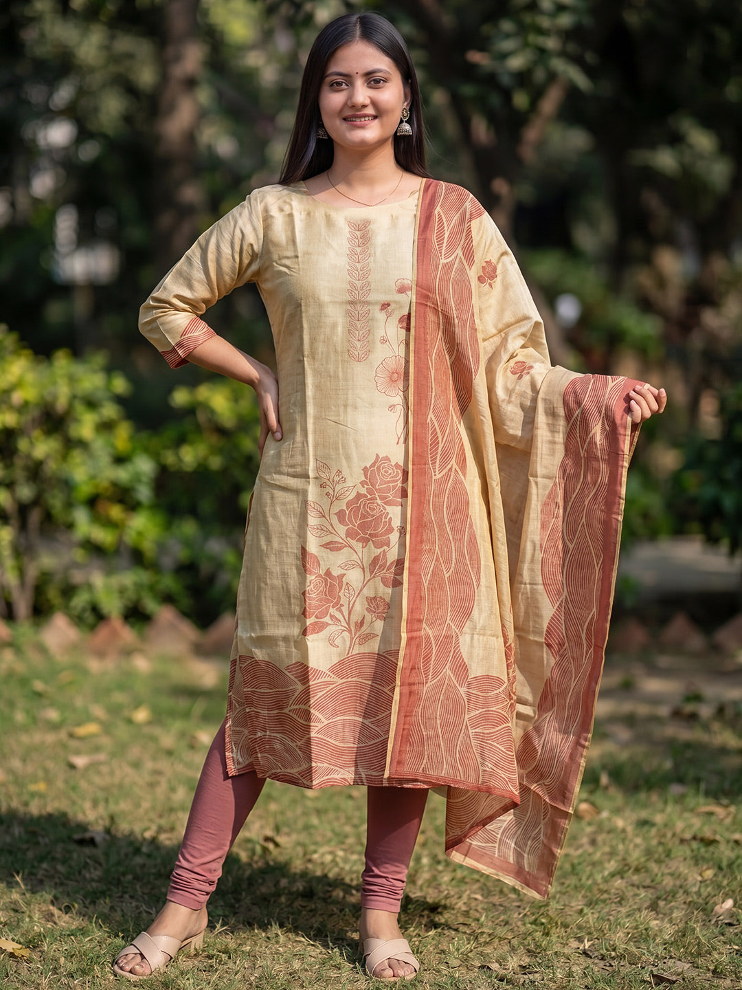 Beige Jamdani Cotton Straight Fit Festive Kurta And Dupatta