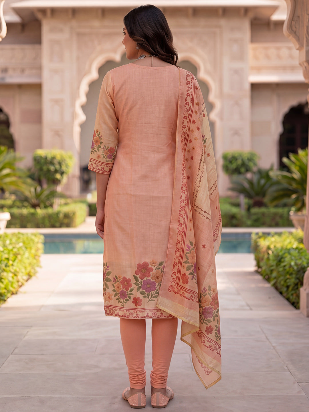 Peach Jamdani Cotton Straight Fit Festive Kurta And Dupatta