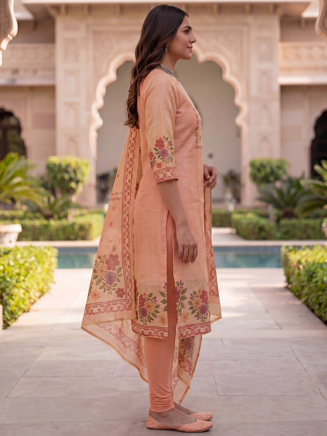Peach Jamdani Cotton Straight Fit Festive Kurta And Dupatta