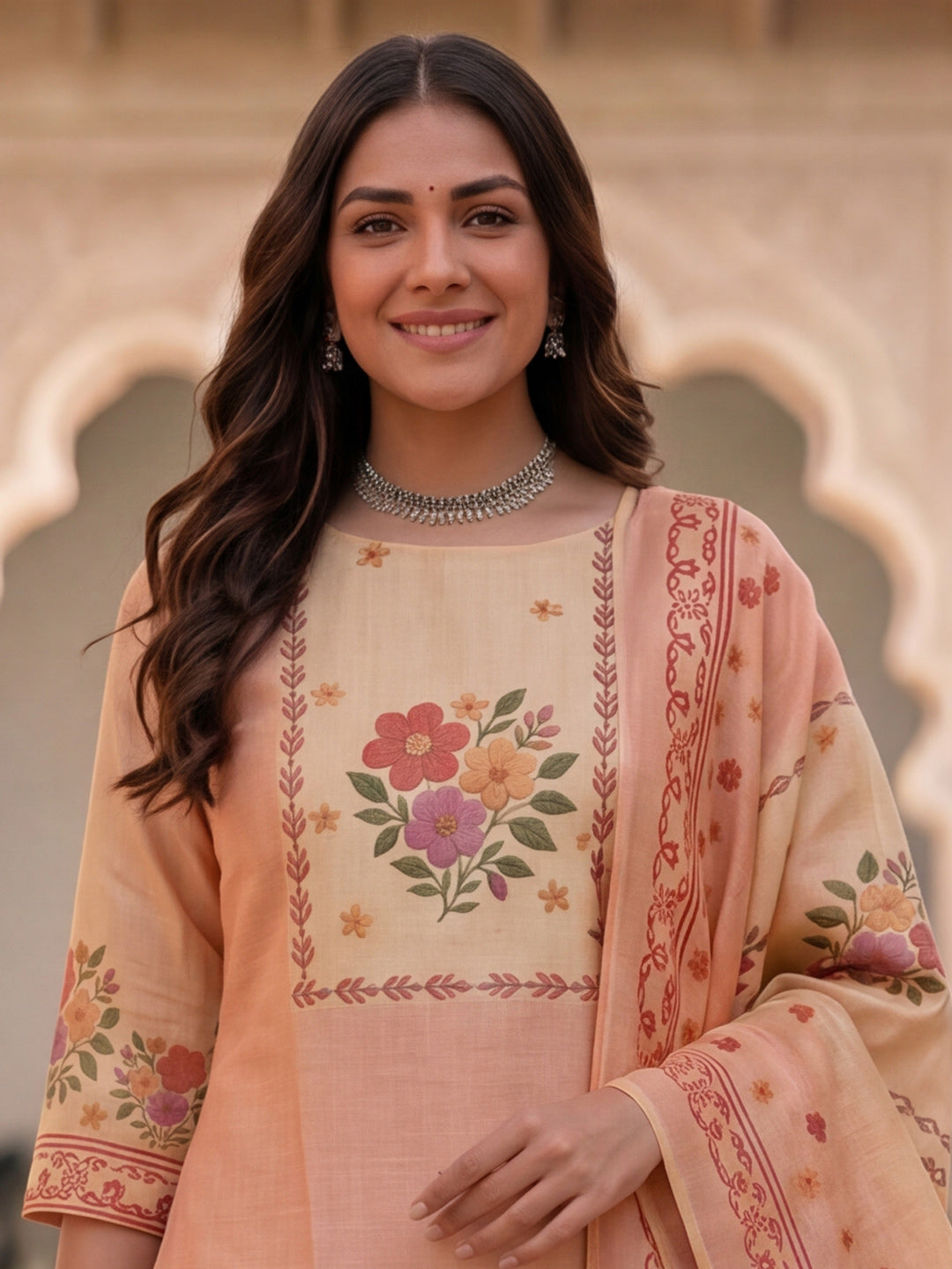 Peach Jamdani Cotton Straight Fit Festive Kurta And Dupatta