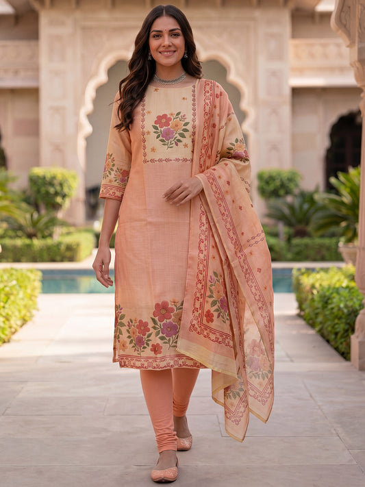 Peach Jamdani Cotton Straight Fit Festive Kurta And Dupatta