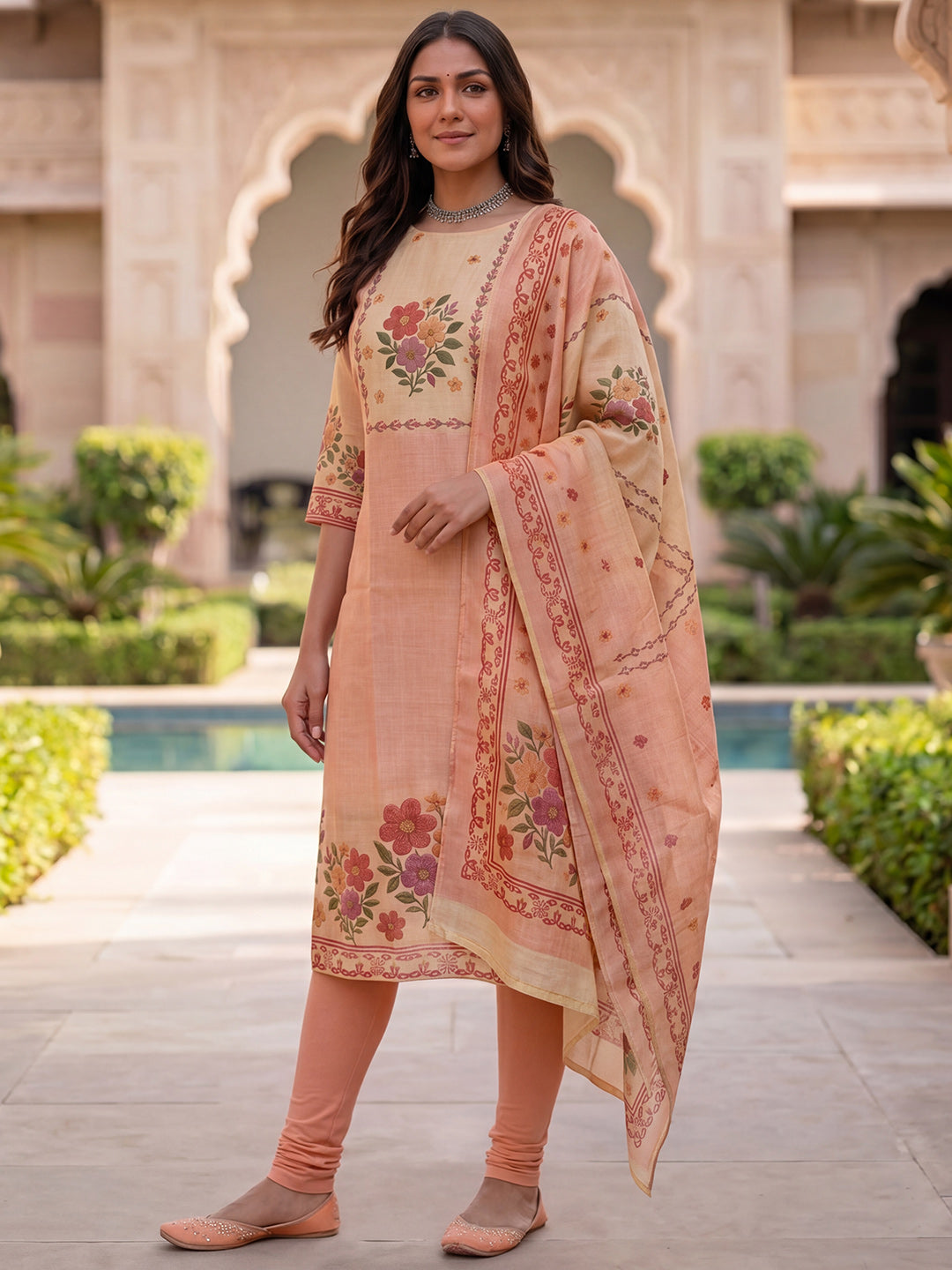 Peach Jamdani Cotton Straight Fit Festive Kurta And Dupatta