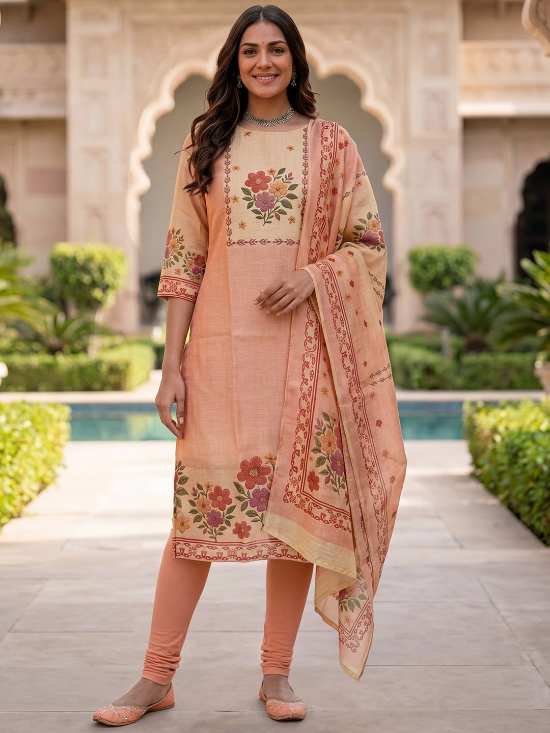 Peach Jamdani Cotton Straight Fit Festive Kurta And Dupatta