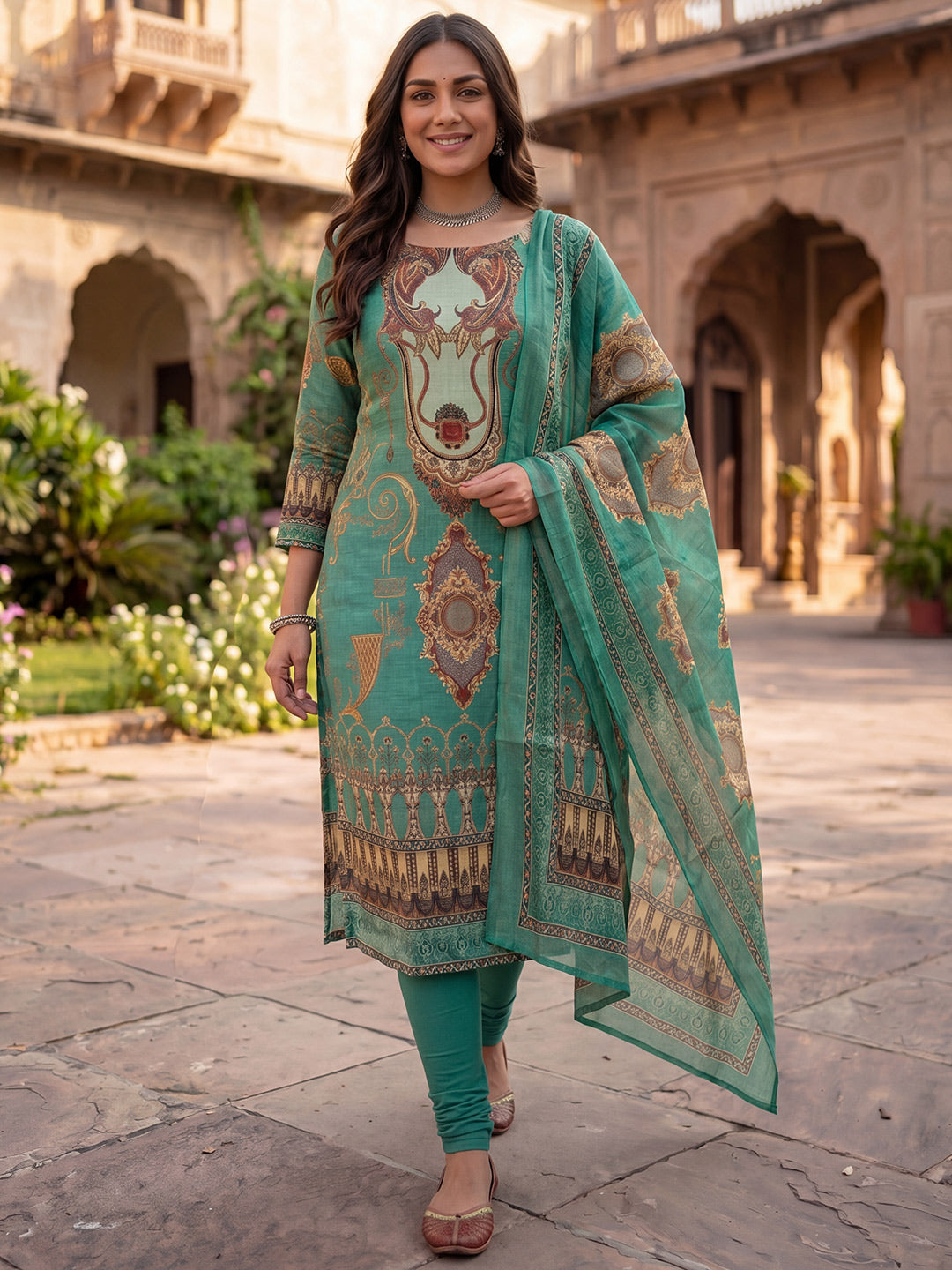 Green Jamdani Cotton Straight Fit Festive Kurta And Dupatta