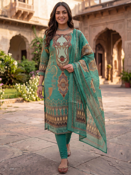 Green Jamdani Cotton Straight Fit Festive Kurta And Dupatta
