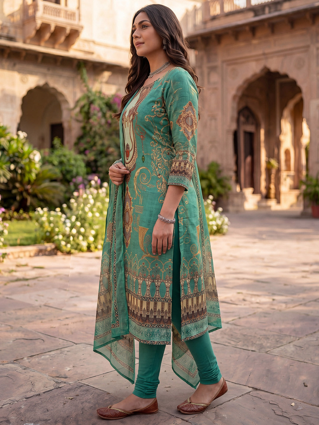 Green Jamdani Cotton Straight Fit Festive Kurta And Dupatta