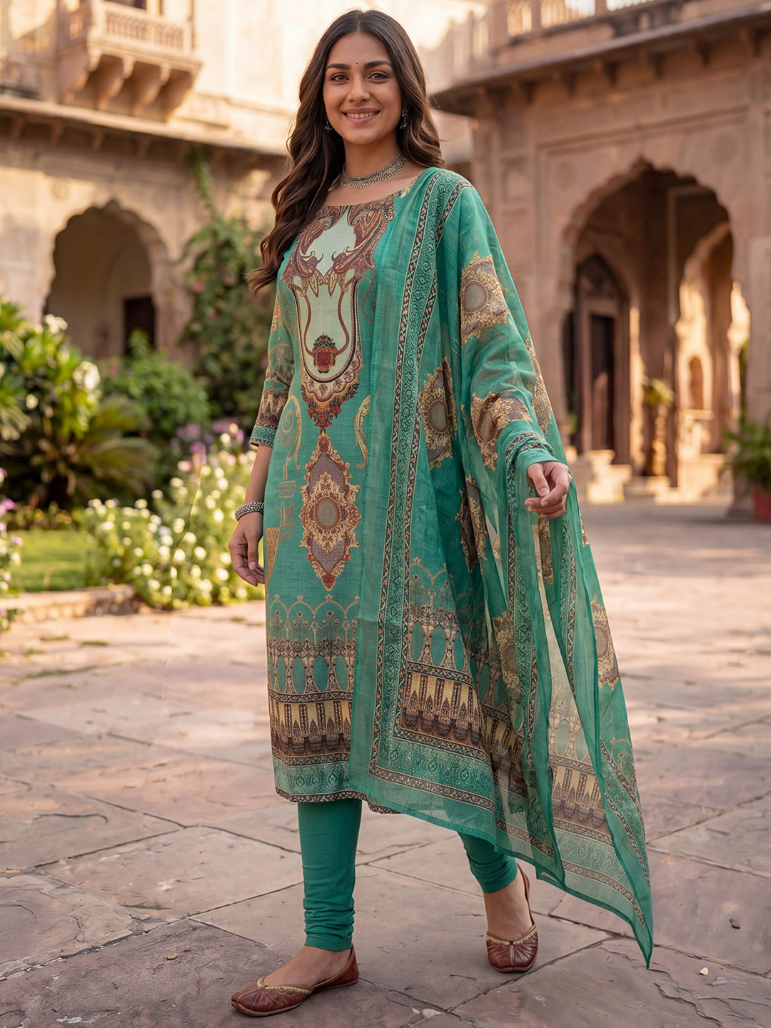 Green Jamdani Cotton Straight Fit Festive Kurta And Dupatta