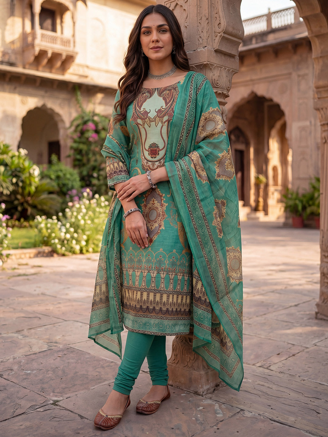 Green Jamdani Cotton Straight Fit Festive Kurta And Dupatta