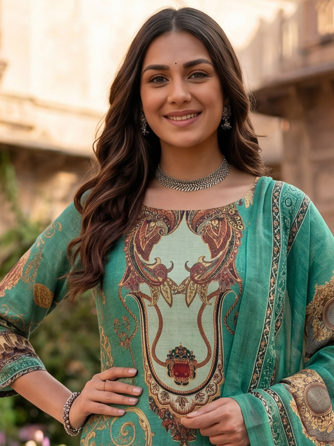 Green Jamdani Cotton Straight Fit Festive Kurta And Dupatta