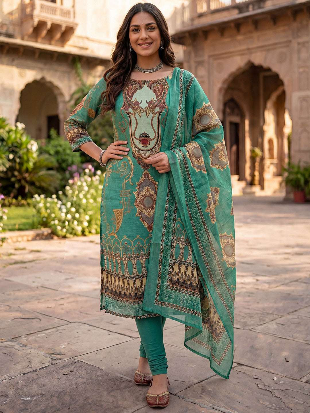 Green Jamdani Cotton Straight Fit Festive Kurta And Dupatta