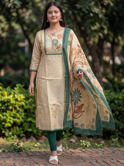 Cream Jamdani Cotton Straight Fit Festive Kurta And Dupatta