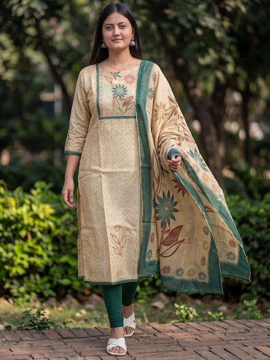 Cream Jamdani Cotton Straight Fit Festive Kurta And Dupatta