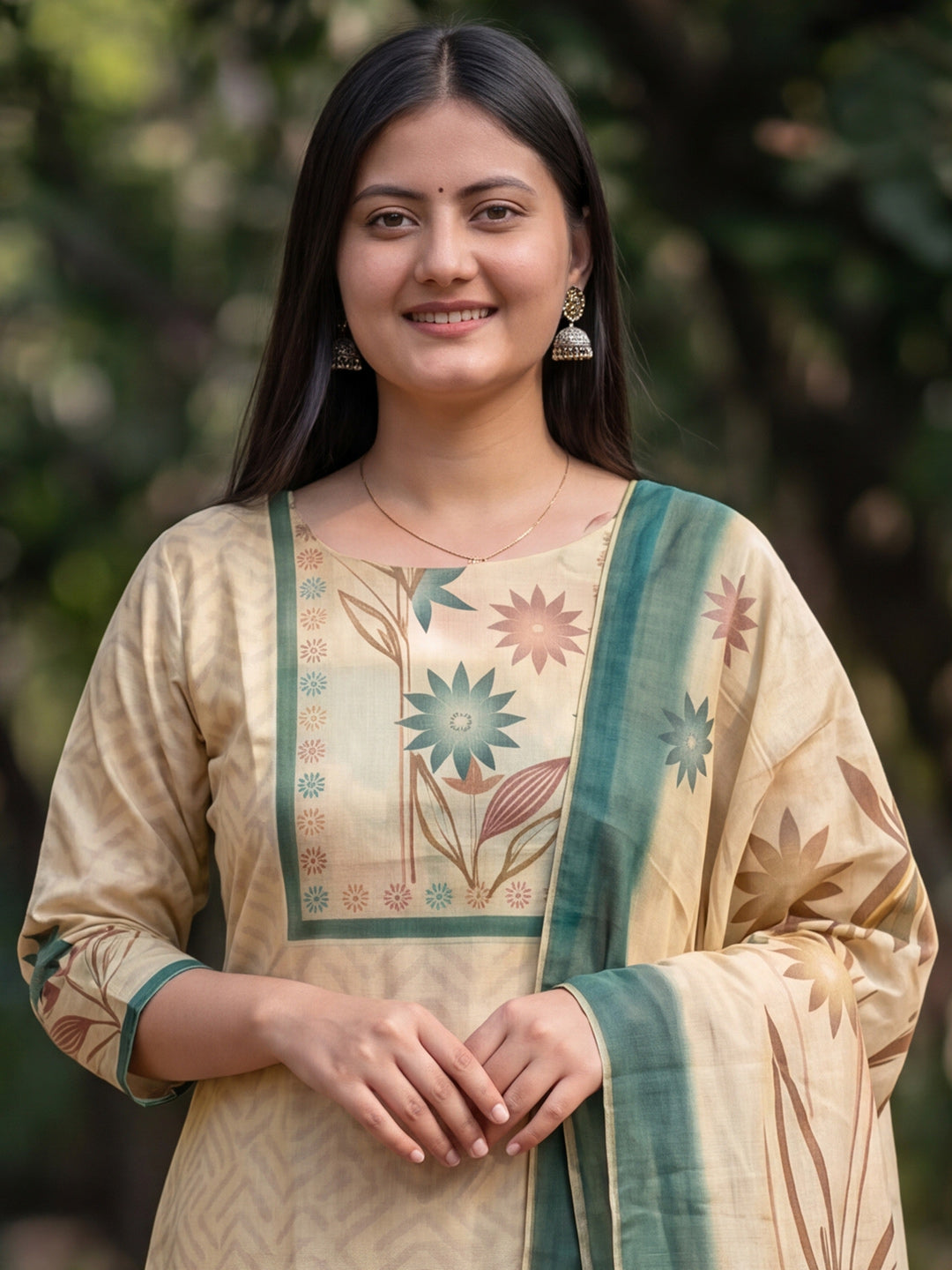 Cream Jamdani Cotton Straight Fit Festive Kurta And Dupatta