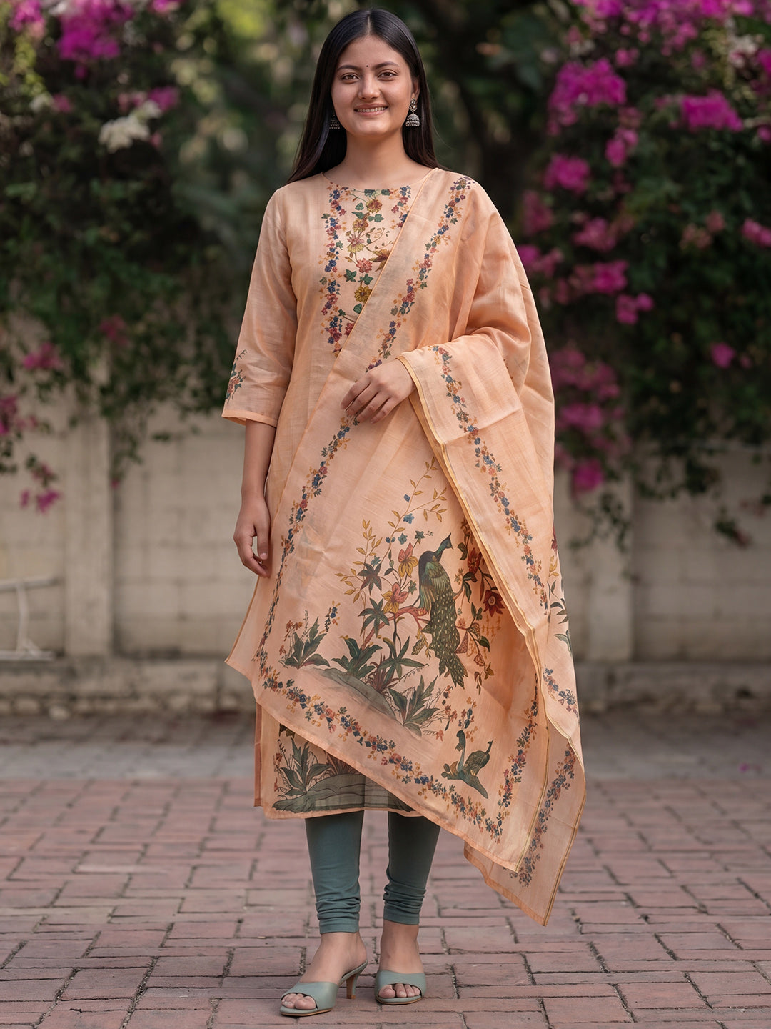 Peach Jamdani Cotton Straight Fit Festive Kurta And Dupatta
