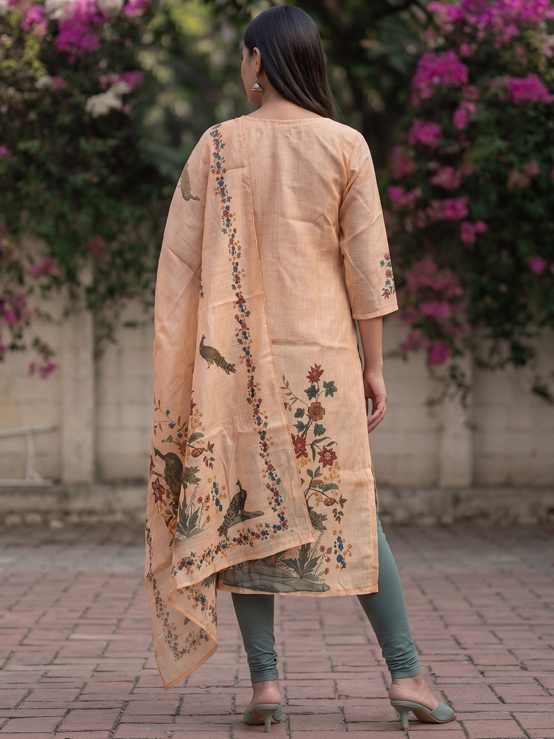 Peach Jamdani Cotton Straight Fit Festive Kurta And Dupatta