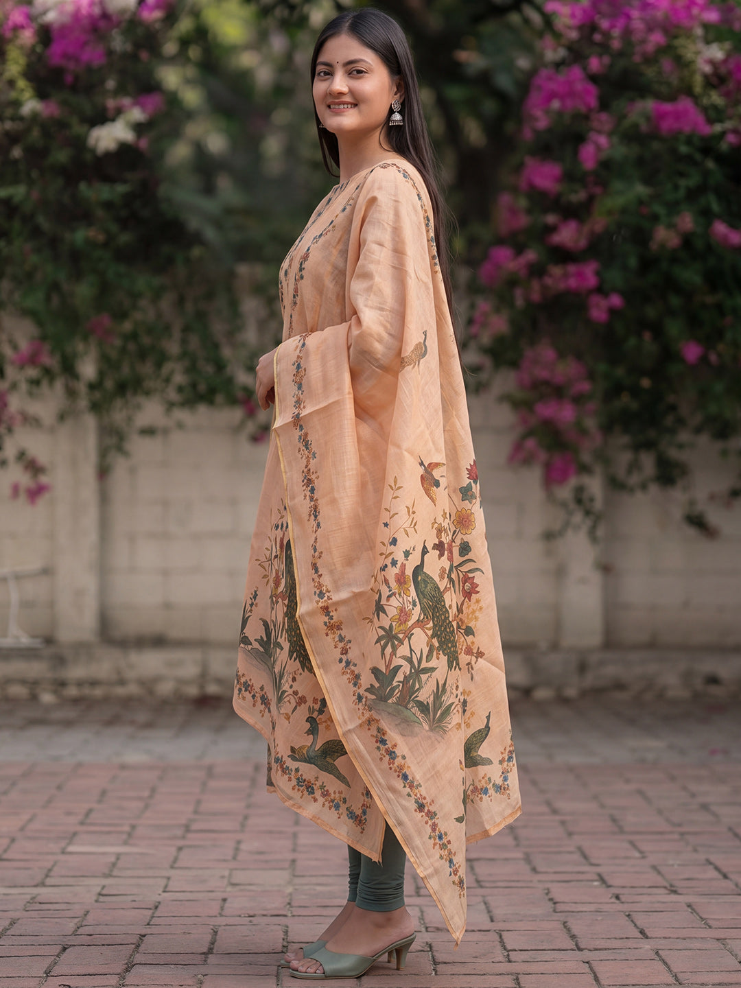Peach Jamdani Cotton Straight Fit Festive Kurta And Dupatta