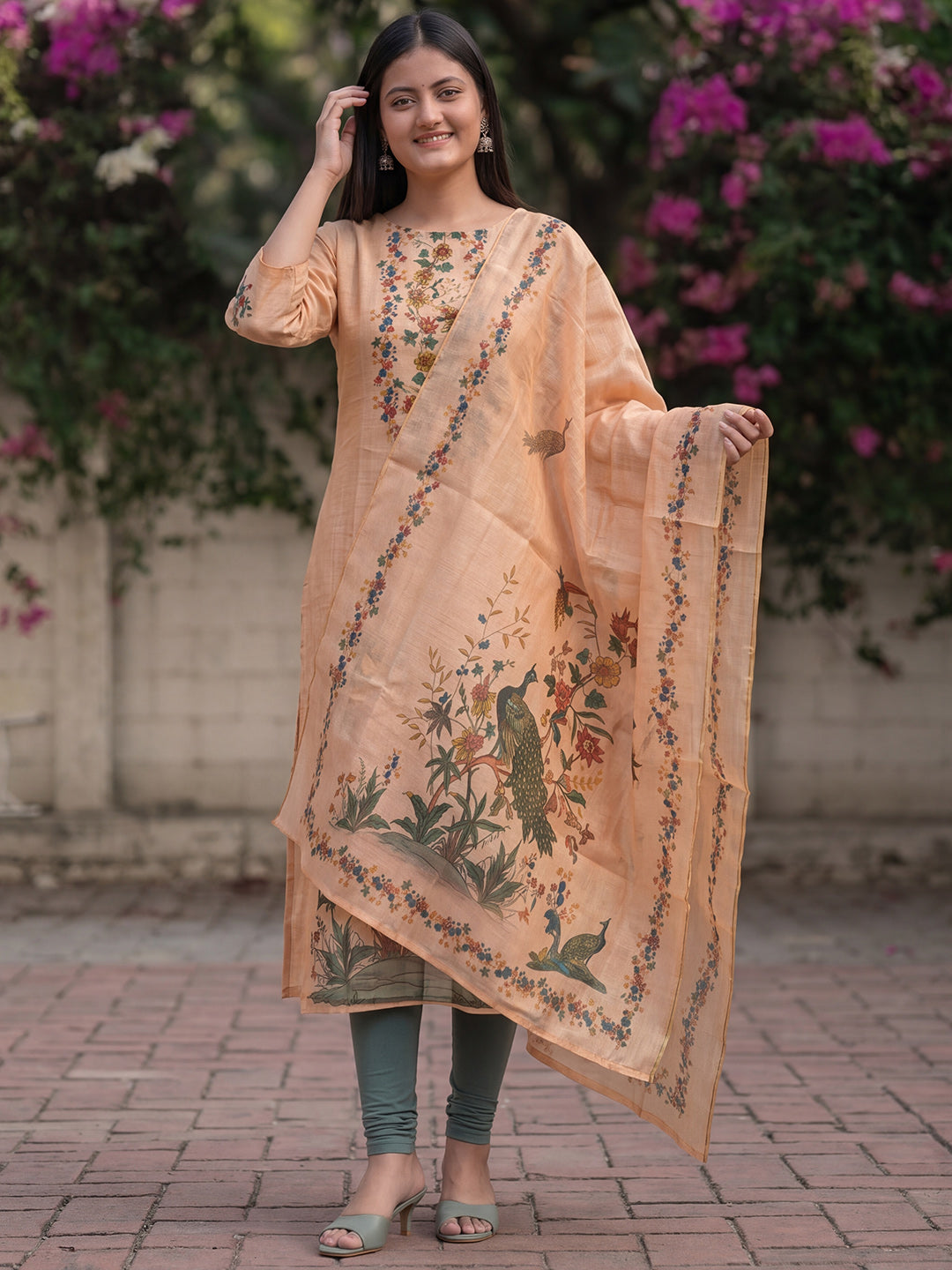 Peach Jamdani Cotton Straight Fit Festive Kurta And Dupatta