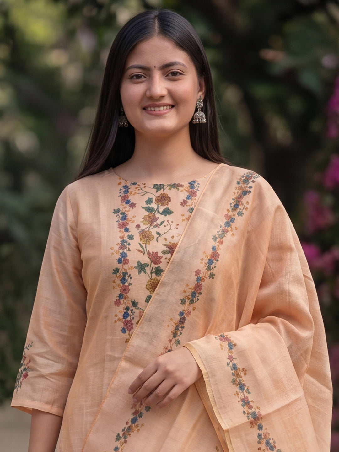 Peach Jamdani Cotton Straight Fit Festive Kurta And Dupatta