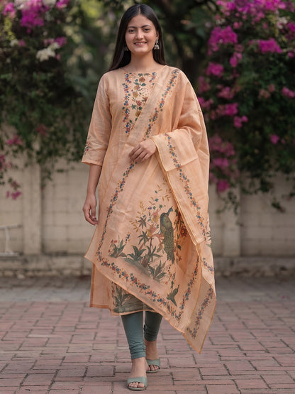 Peach Jamdani Cotton Straight Fit Festive Kurta And Dupatta