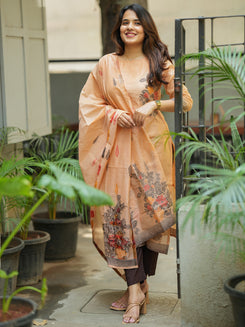 Orange Straight Cut Woven Jamdani Cotton Kurta and Dupatta