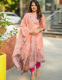 Peach Straight Cut Woven Jamdani Cotton Kurta and Dupatta